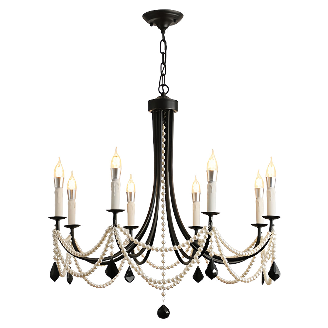 Pearl Chandelier Black Iron Artistic Crystal Ceiling Light