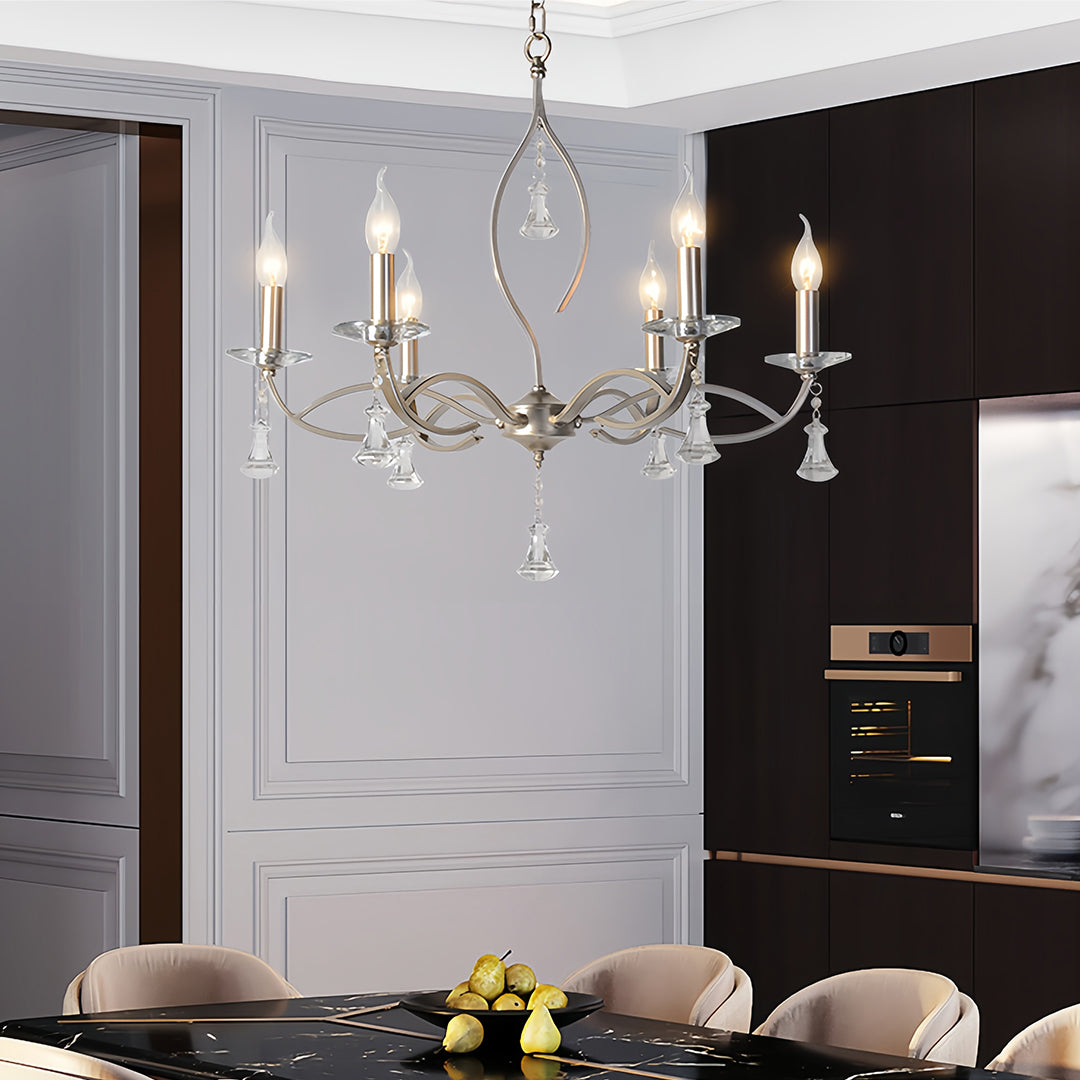 Candle Stick Chandelier Iron Silver Finish Crystal Ceiling Light