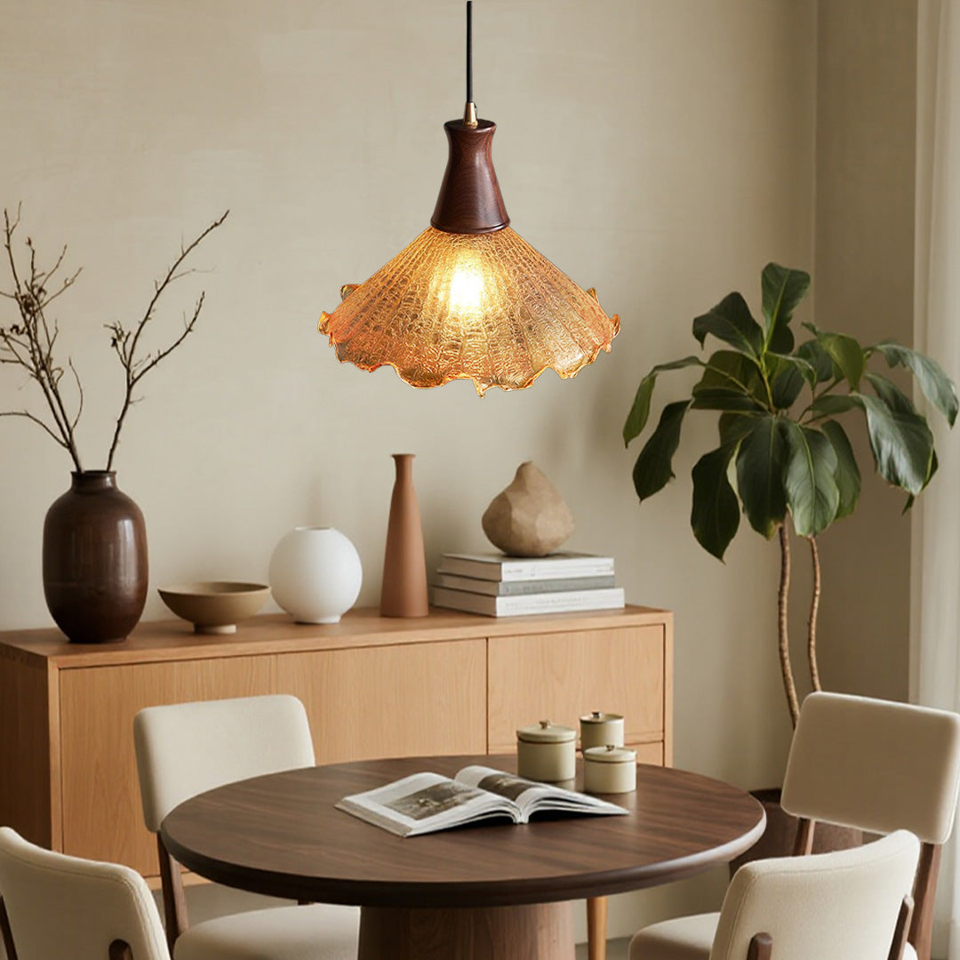 Brass Pendant Light Fixtures American Vintage Walnut Wood Cracked Glass Bedroom Light