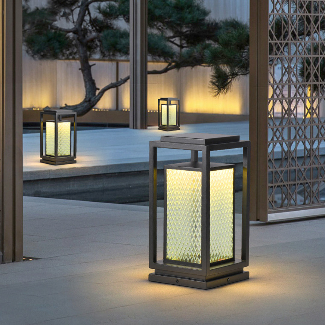 Outdoor Glass Lanterns Industrial Black Weatherproof Square Lawn Light