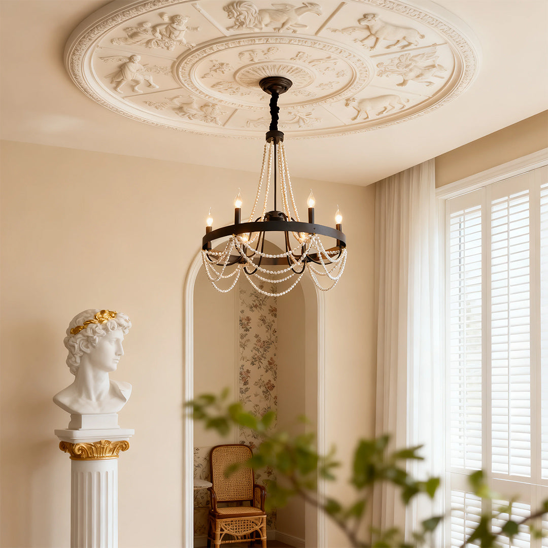 Vintage Wrought Iron Chandelier French Artistic Pearl Ceiling Light