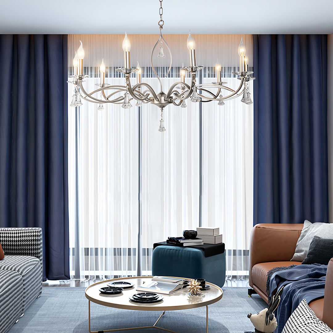 Candle Stick Chandelier Iron Silver Finish Crystal Ceiling Light