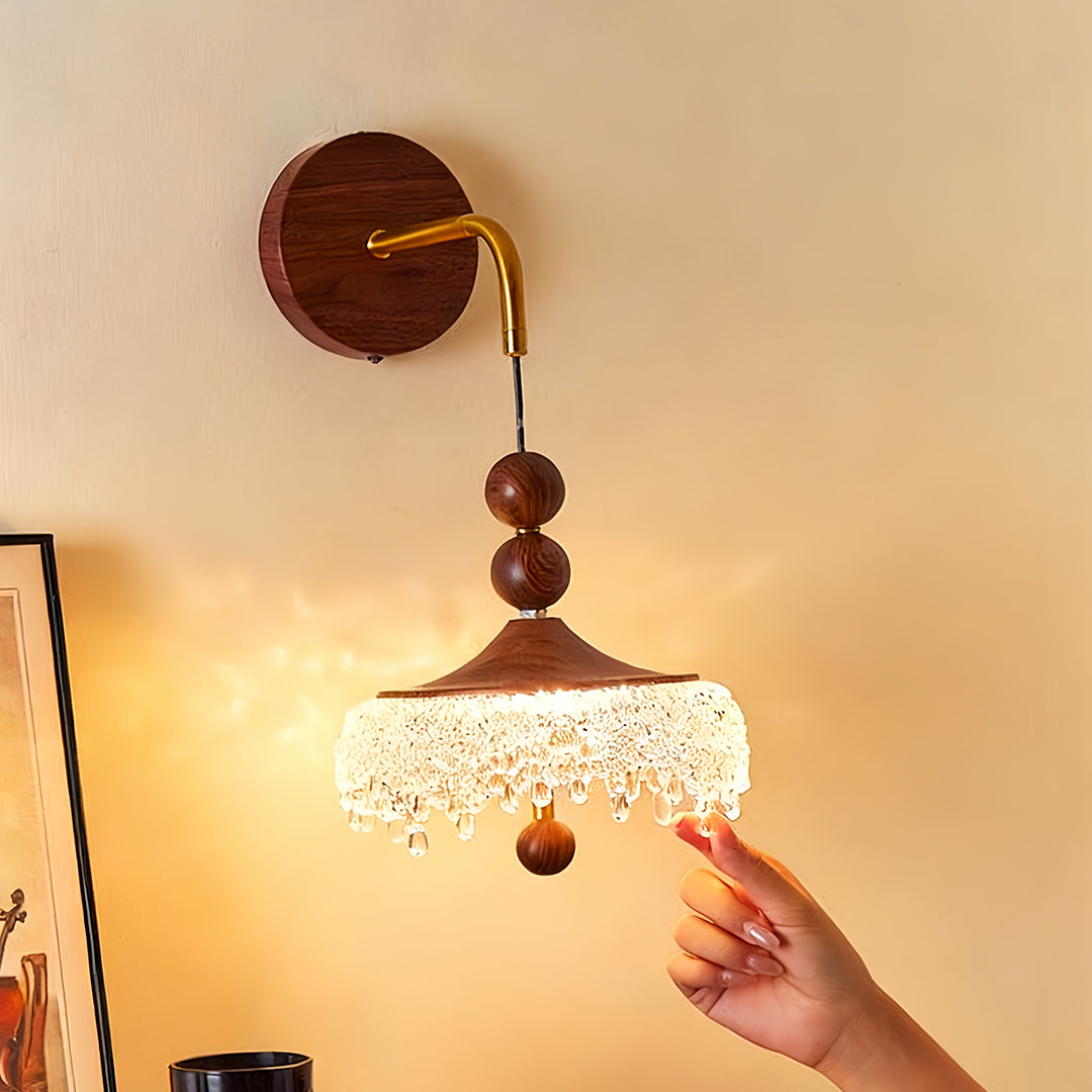 LED Bedroom Wall Lights Walnut Colored Water Drop Lampshade Iron Lamp