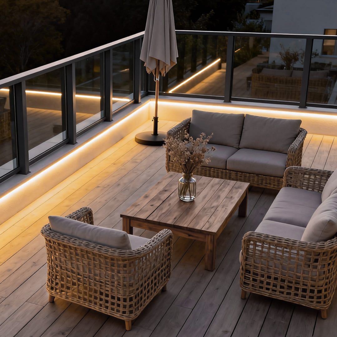 rigid exterior LED step lights installed under straight deck treads and guardrails