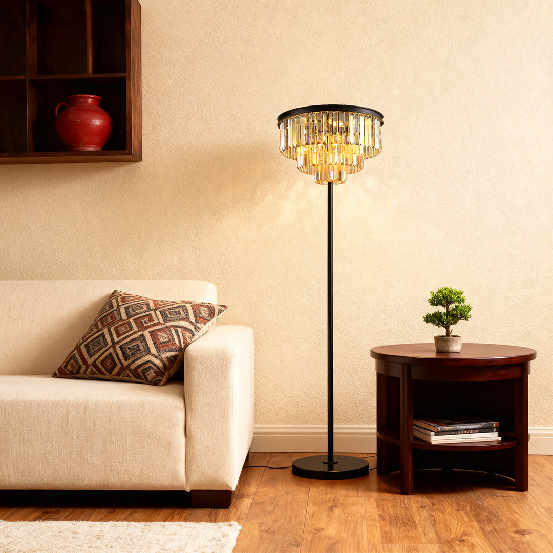 Floor crystal lamp in a cozy living room, elegant lighting beside a comfortable sofa