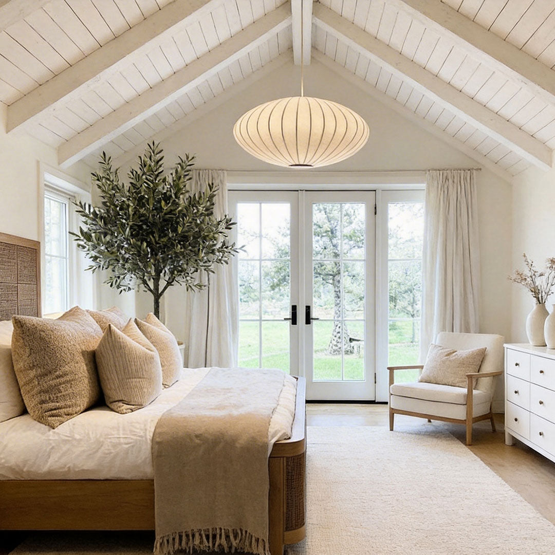 Pendant Light with White Shade French Creative Silk LED Ceiling Light