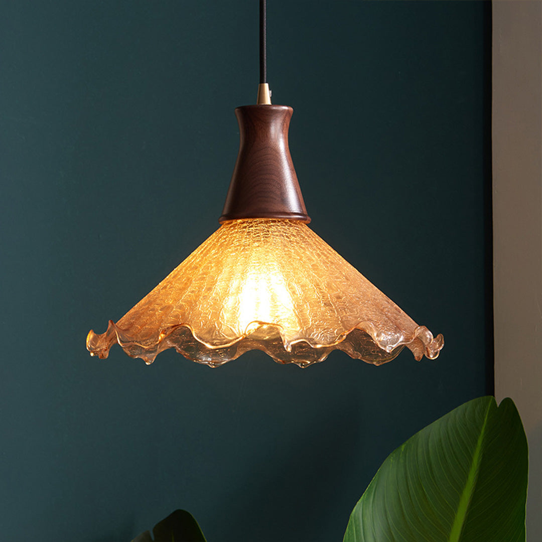 Brass Pendant Light Fixtures American Vintage Walnut Wood Cracked Glass Bedroom Light