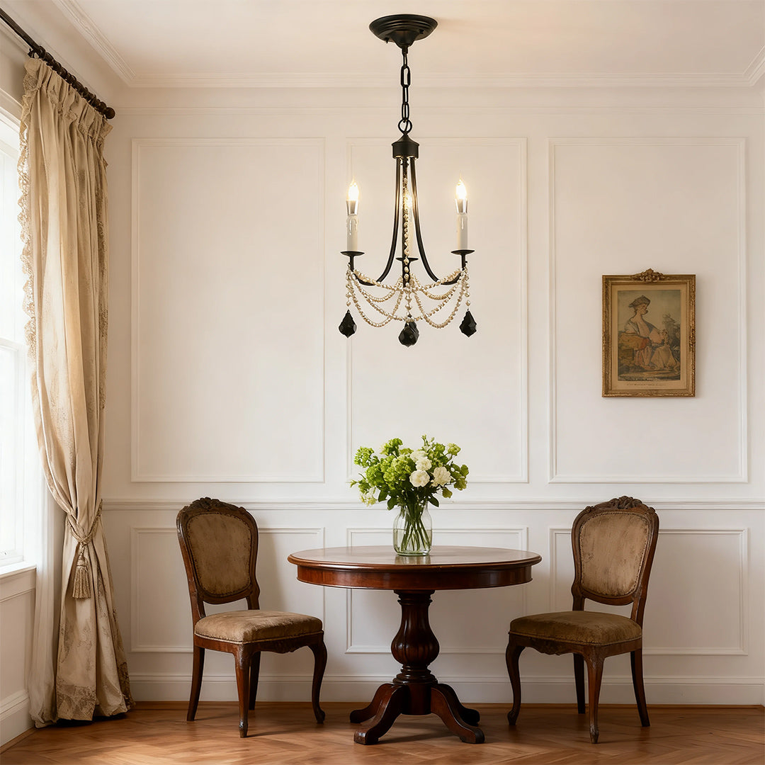 Black iron pearl chandelier with pearl and crystal bead accents