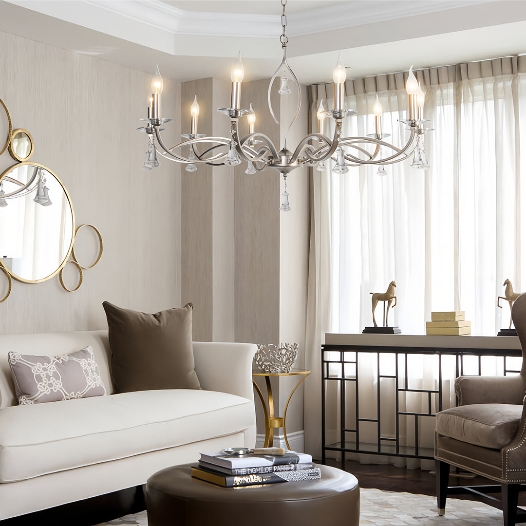 Candle Stick Chandelier Iron Silver Finish Crystal Ceiling Light