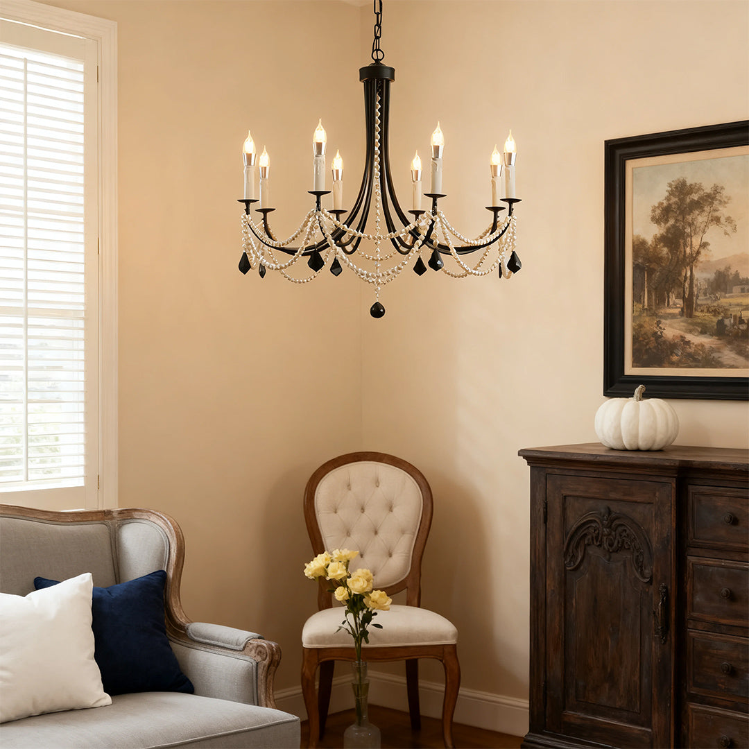 Pearl Chandelier Black Iron Artistic Crystal Ceiling Light