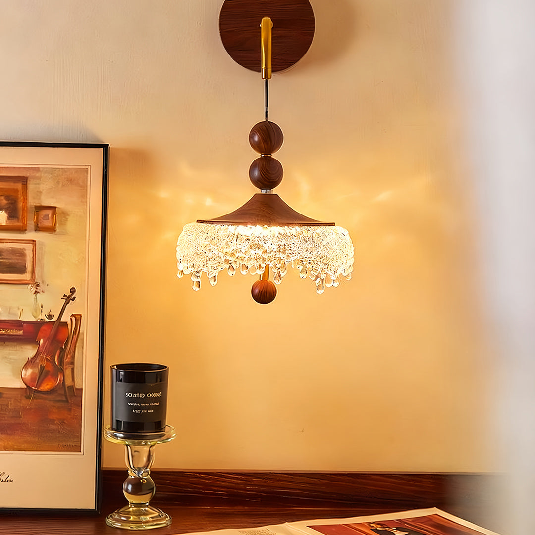 LED Bedroom Wall Lights Walnut Colored Water Drop Lampshade Iron Lamp