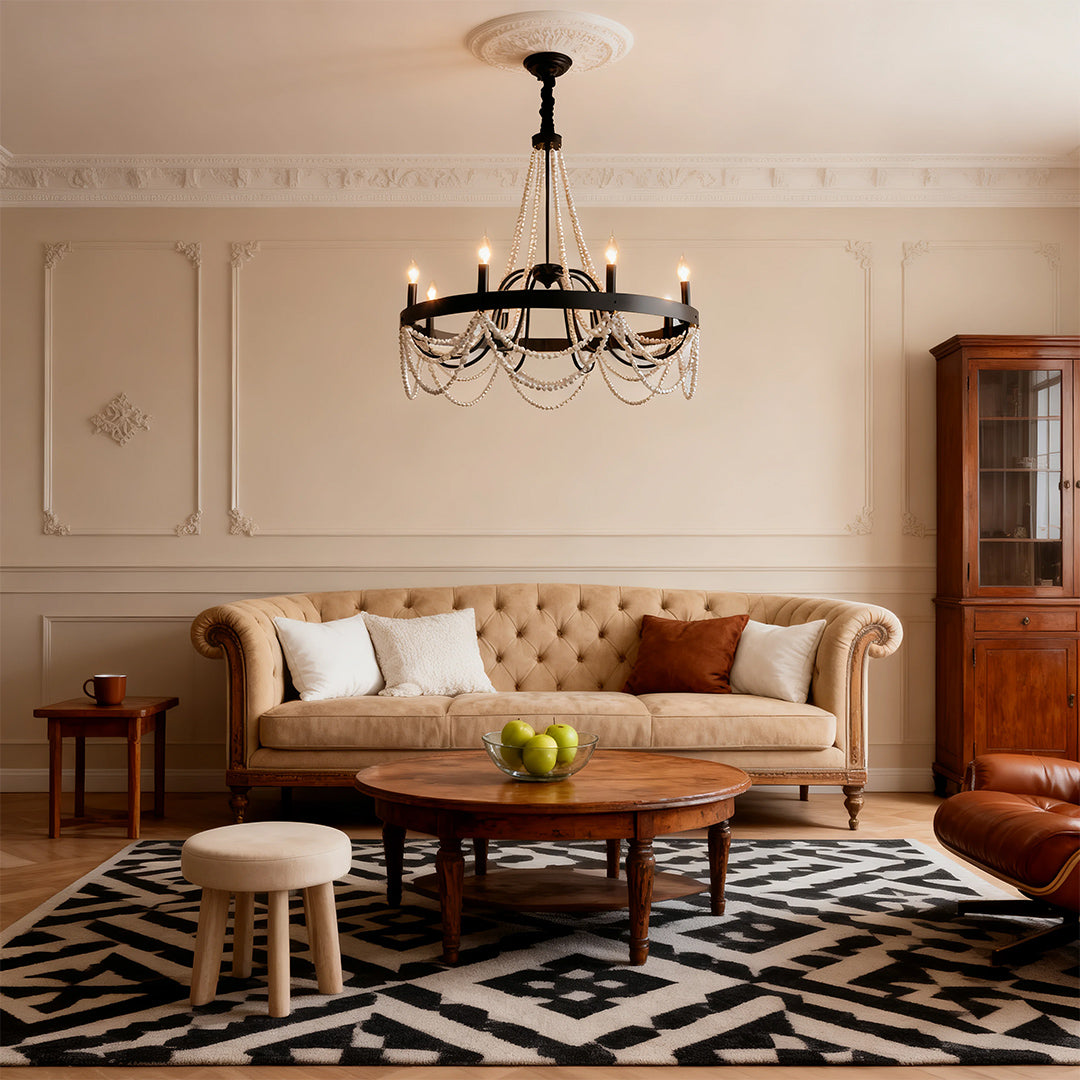 Vintage Wrought Iron Chandelier French Artistic Pearl Ceiling Light