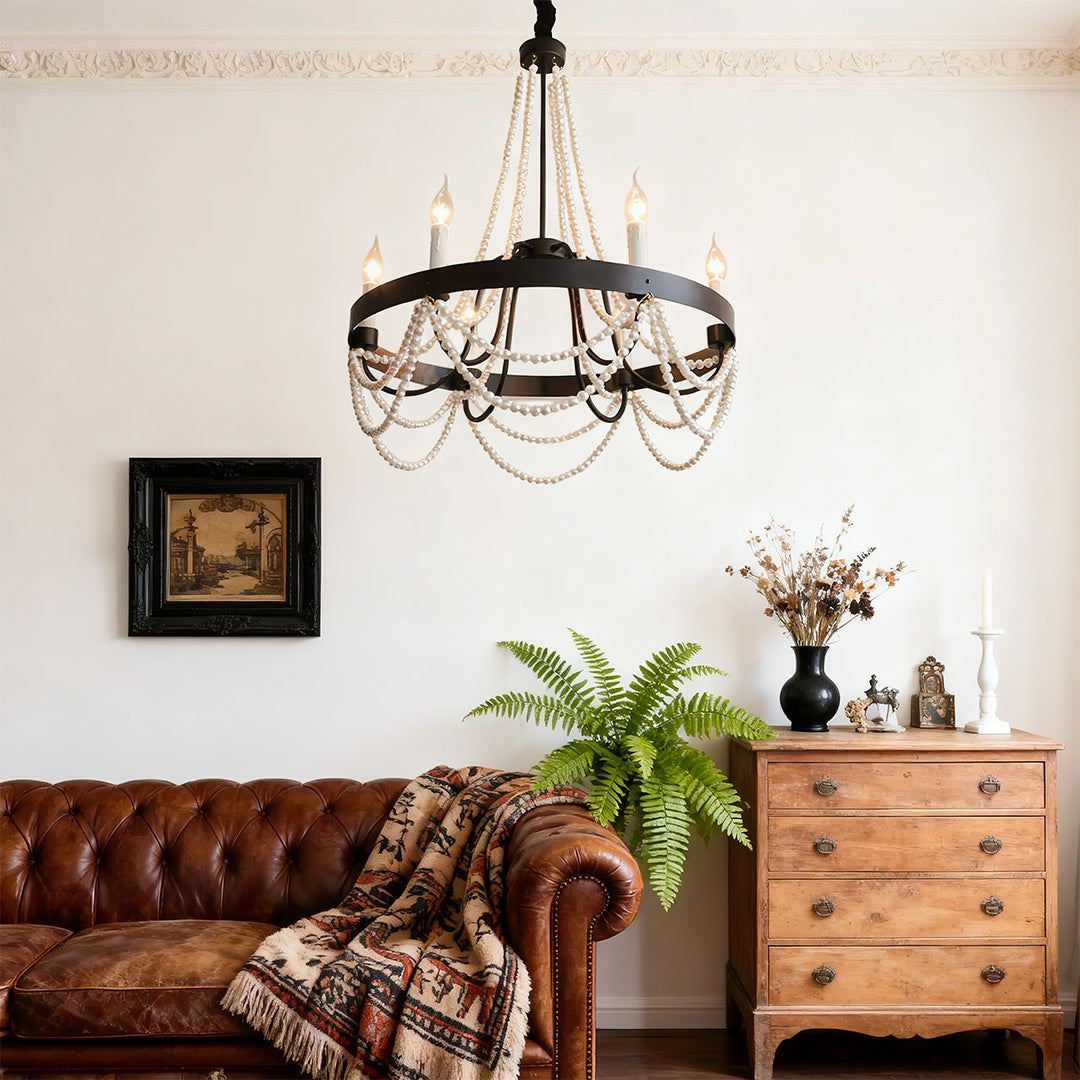 Vintage Wrought Iron Chandelier French Artistic Pearl Ceiling Light