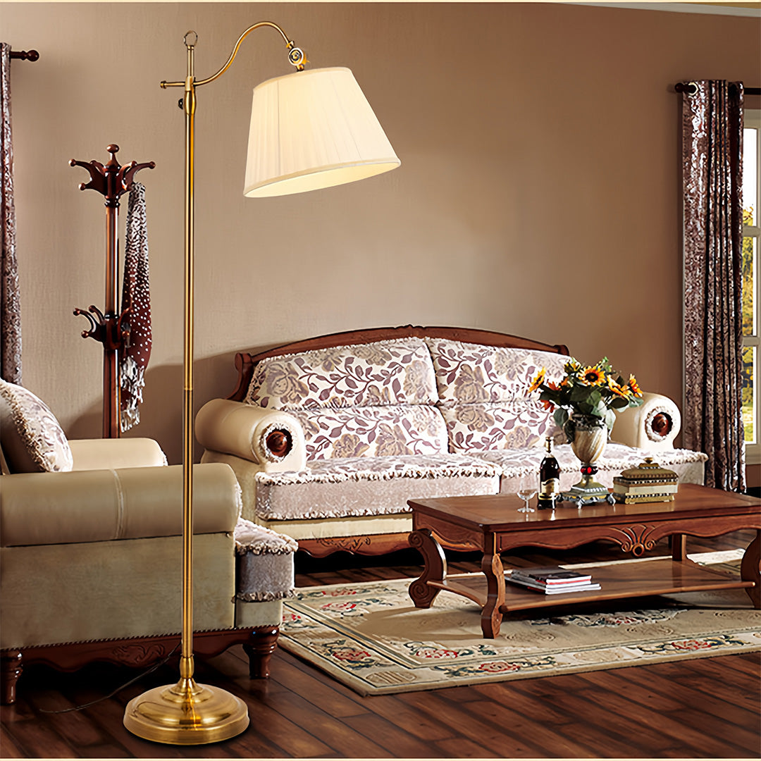 Copper Floor Lamp Adjustable Arch Fabric Shade Light Vintage Style