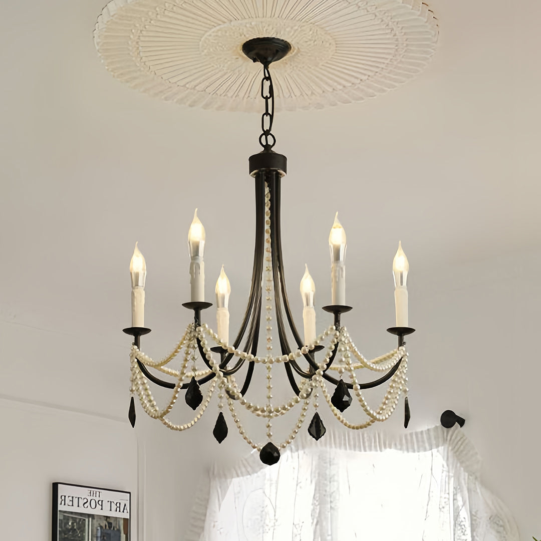Pearl Chandelier Black Iron Artistic Crystal Ceiling Light