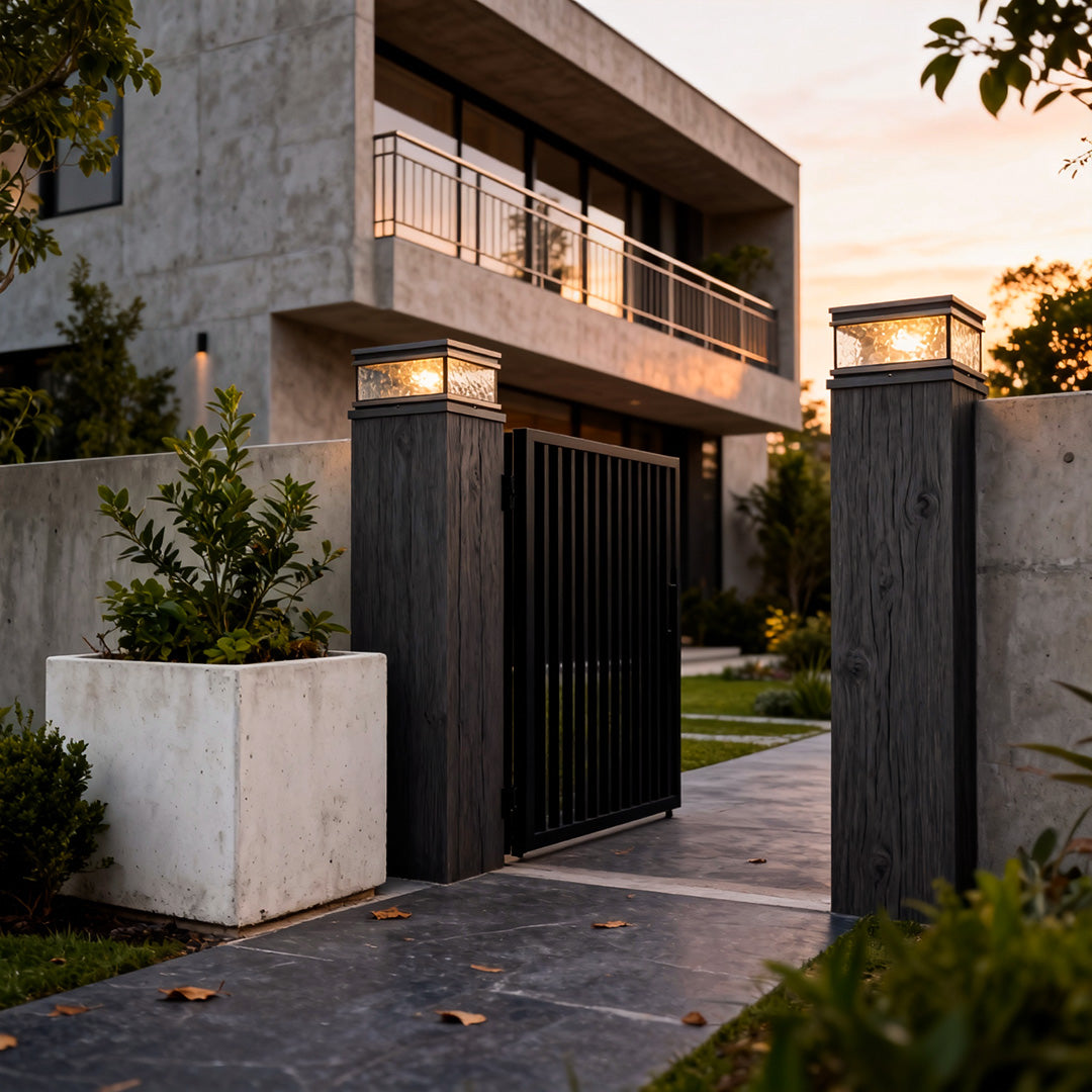 Pillar mount light used along a modern residential driveway entrance, combining functional lighting with contemporary design.