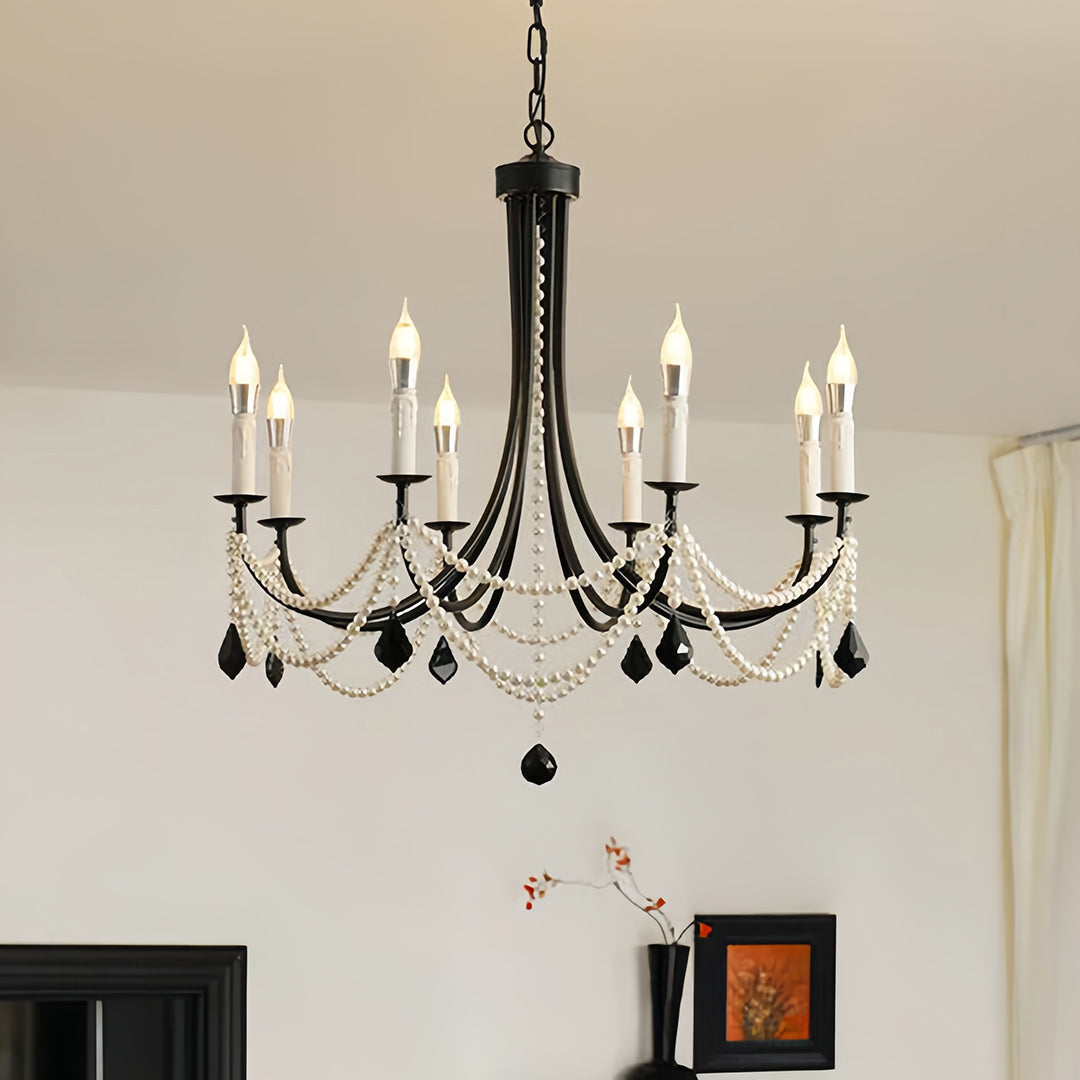 Pearl Chandelier Black Iron Artistic Crystal Ceiling Light
