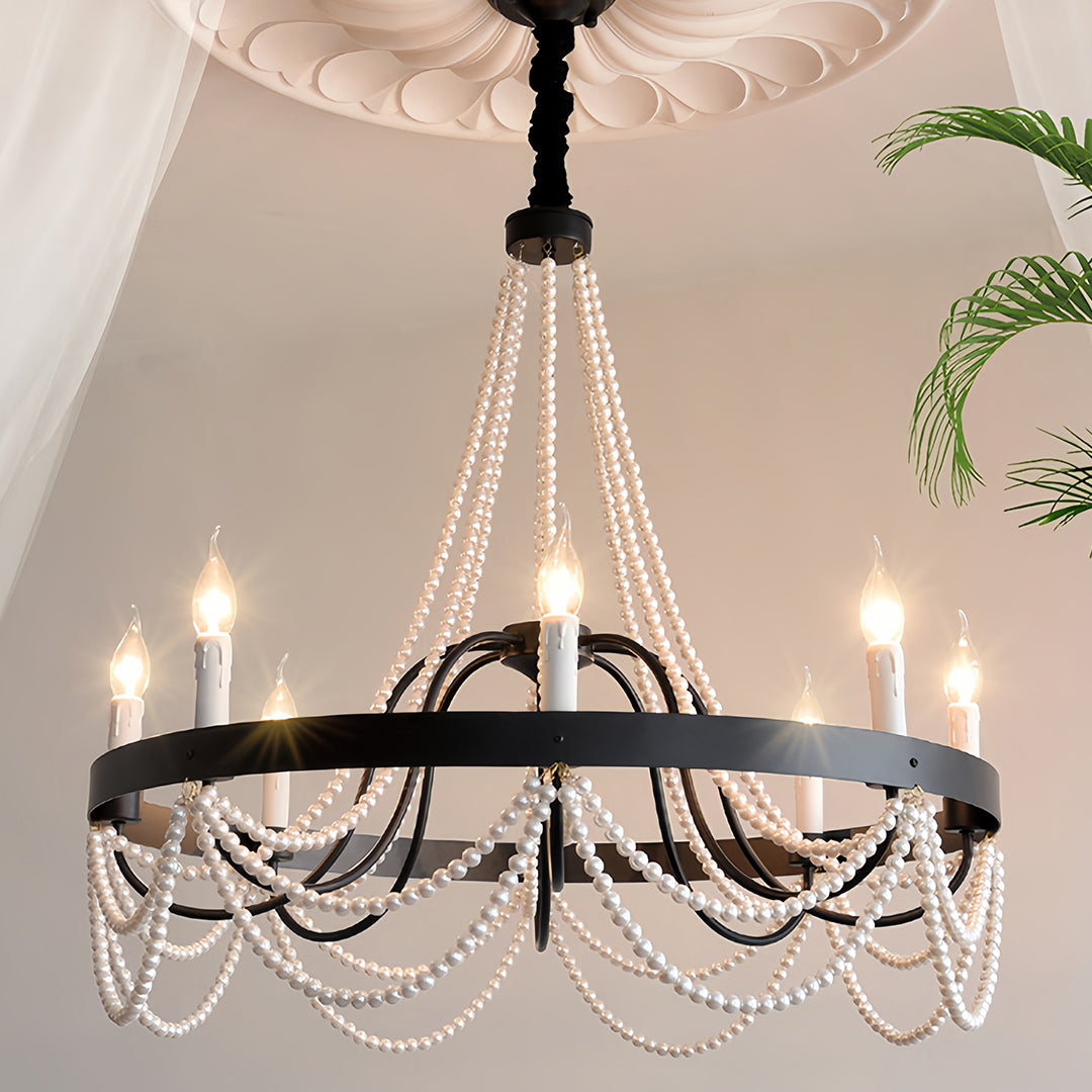 Vintage Wrought Iron Chandelier French Artistic Pearl Ceiling Light