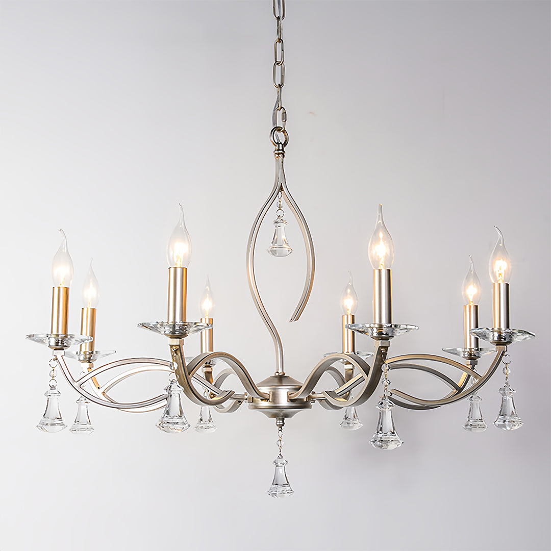 Candle Stick Chandelier Iron Silver Finish Crystal Ceiling Light