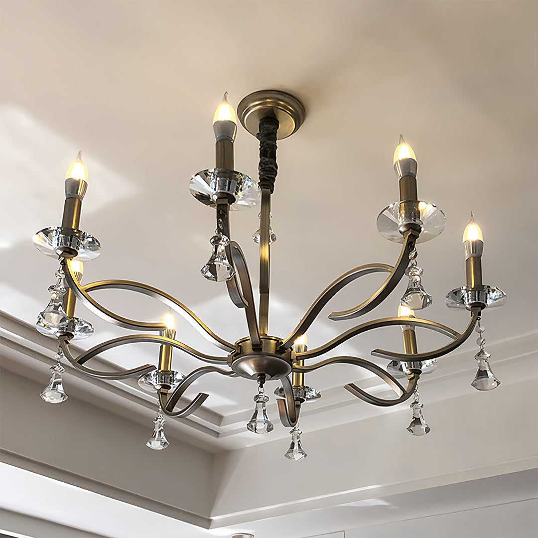 Candle Stick Chandelier Iron Silver Finish Crystal Ceiling Light