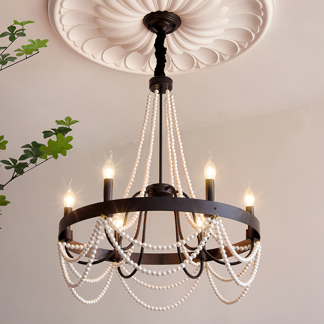 Vintage Wrought Iron Chandelier French Artistic Pearl Ceiling Light