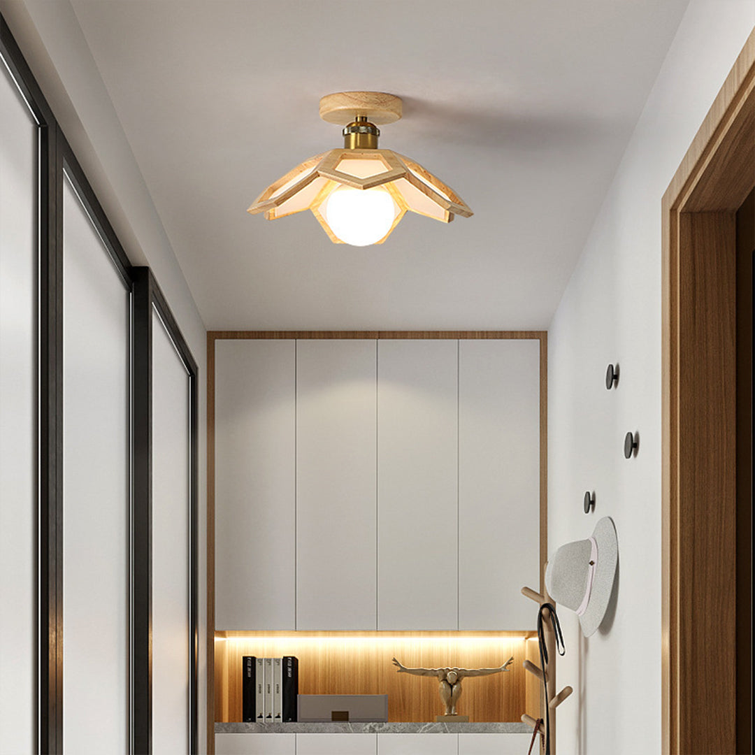Wood Semi Flush Mount Light Modern Minimalist Lotus Light