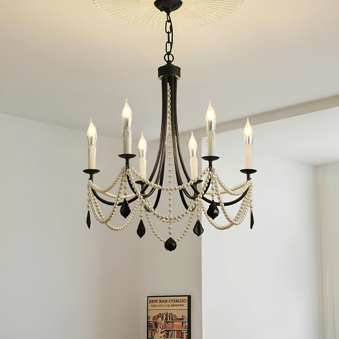 Pearl Chandelier Black Iron Artistic Crystal Ceiling Light