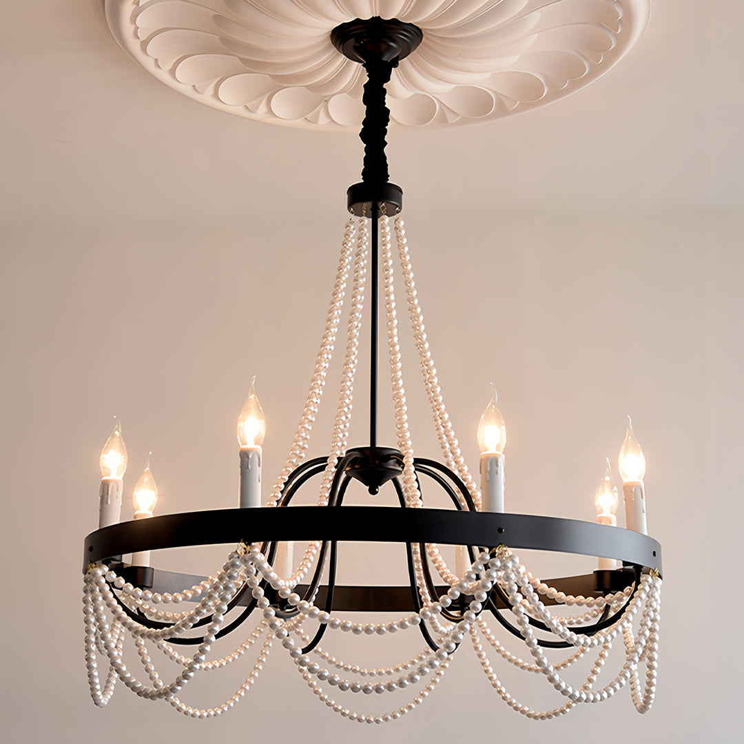 Vintage Wrought Iron Chandelier French Artistic Pearl Ceiling Light