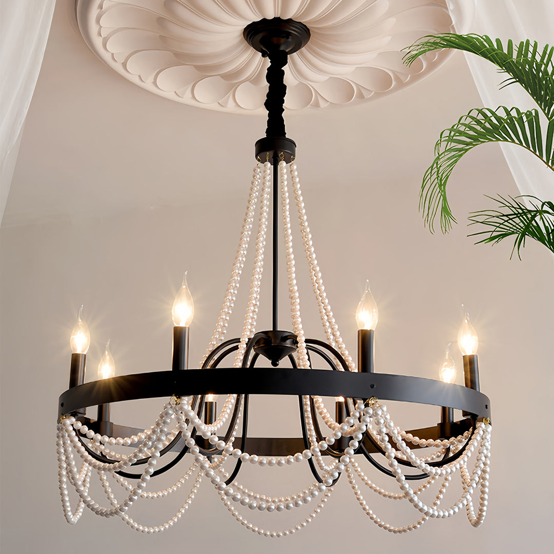Vintage Wrought Iron Chandelier French Artistic Pearl Ceiling Light