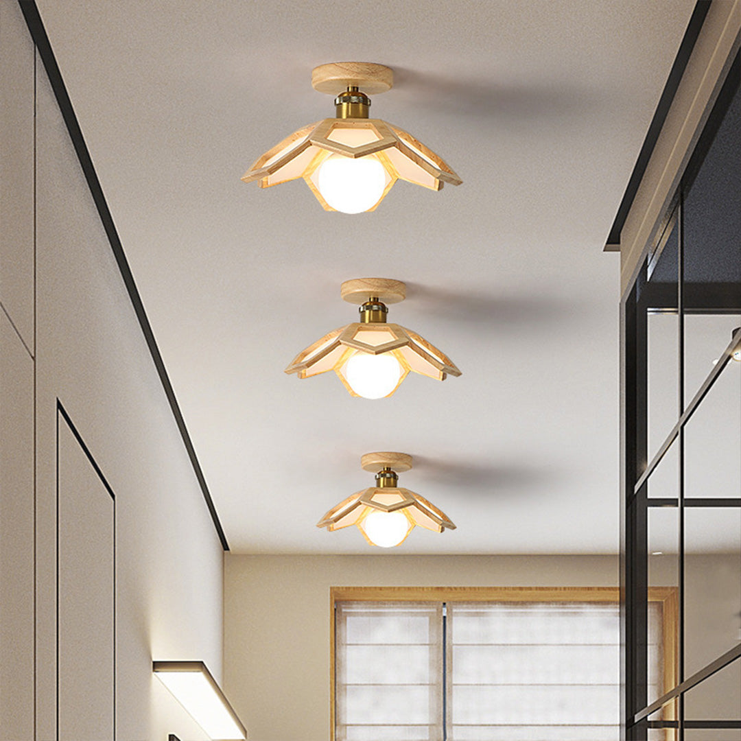 Wood Semi Flush Mount Light Modern Minimalist Lotus Light