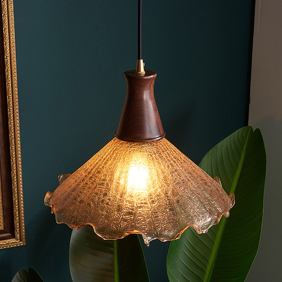 Brass Pendant Light Fixtures American Vintage Walnut Wood Cracked Glass Bedroom Light