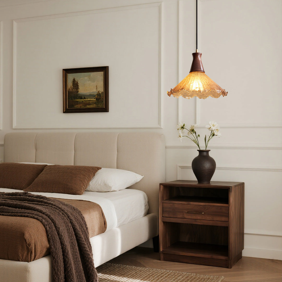 Brass Pendant Light Fixtures American Vintage Walnut Wood Cracked Glass Bedroom Light