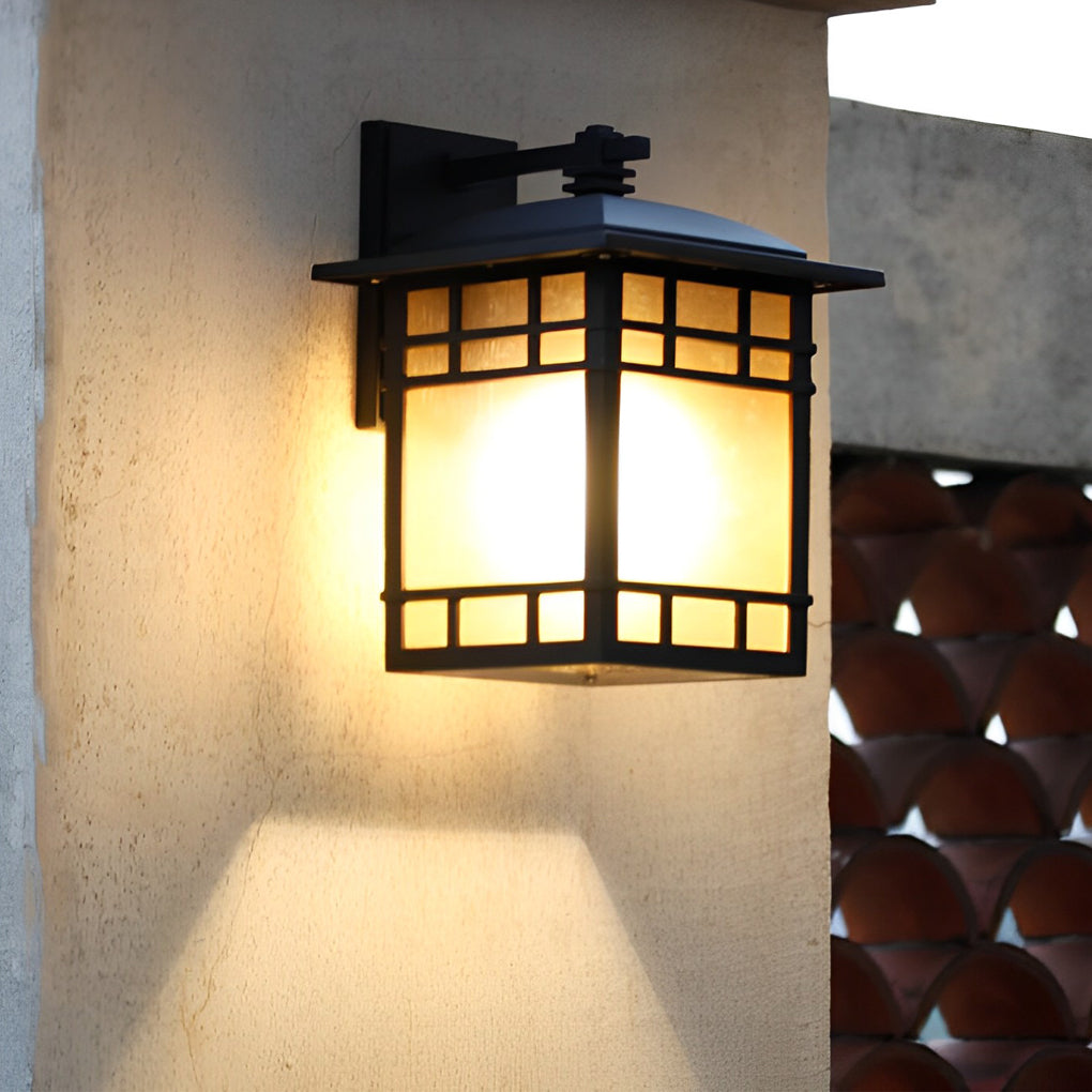 Square Retro Waterproof Yellow Glass Shade Vintage Outdoor Wall Lights | Dazuma