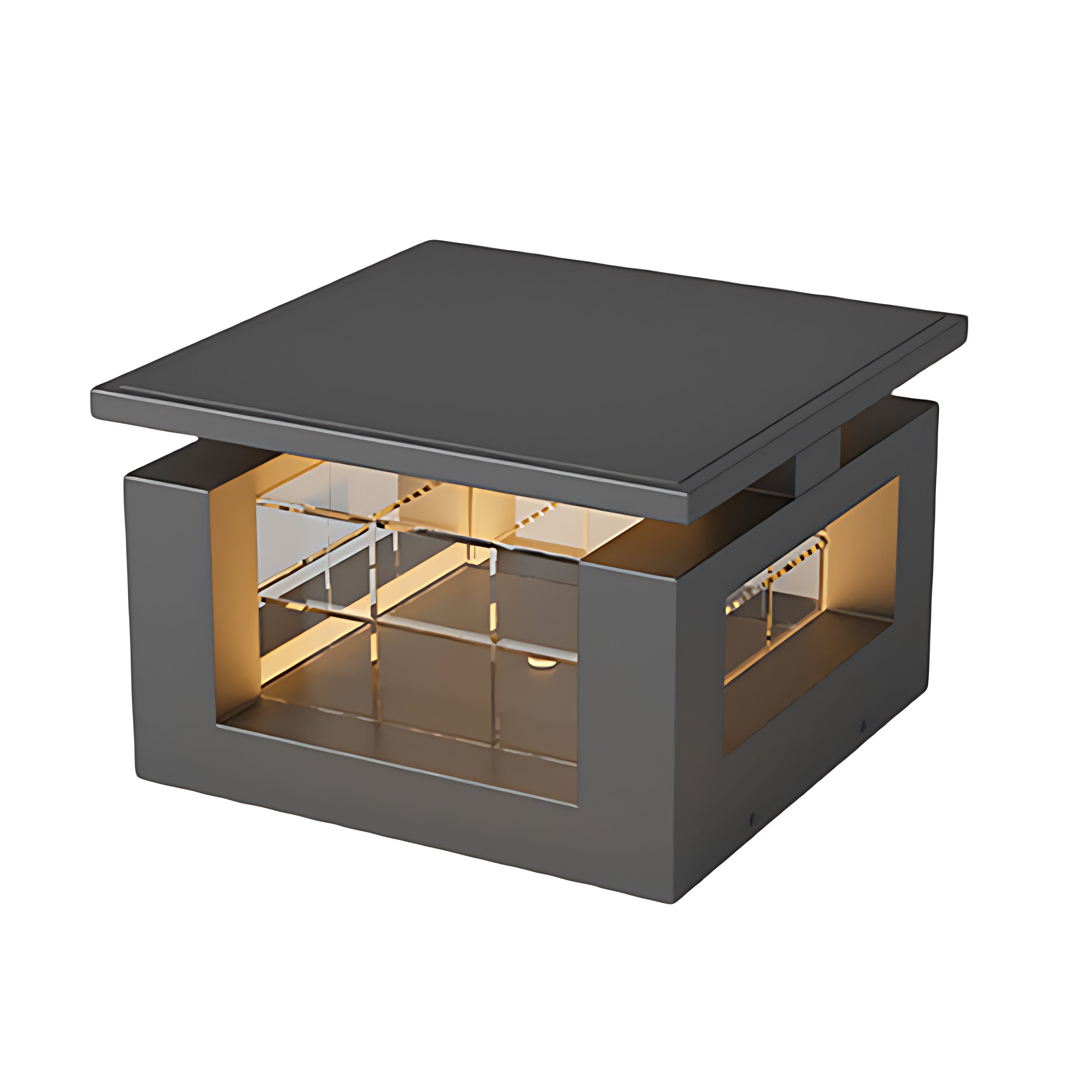 Contemporary cubic light fixture with geometric design and integrated LED panel for architectural accent applications