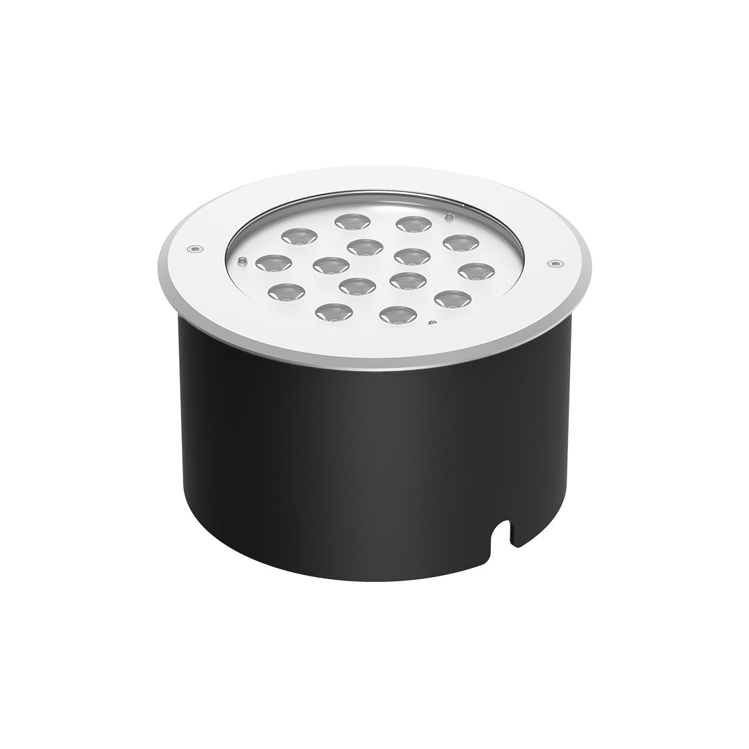 Modern in-ground light fixture with prismatic lens and metal housing for landscape accent lighting