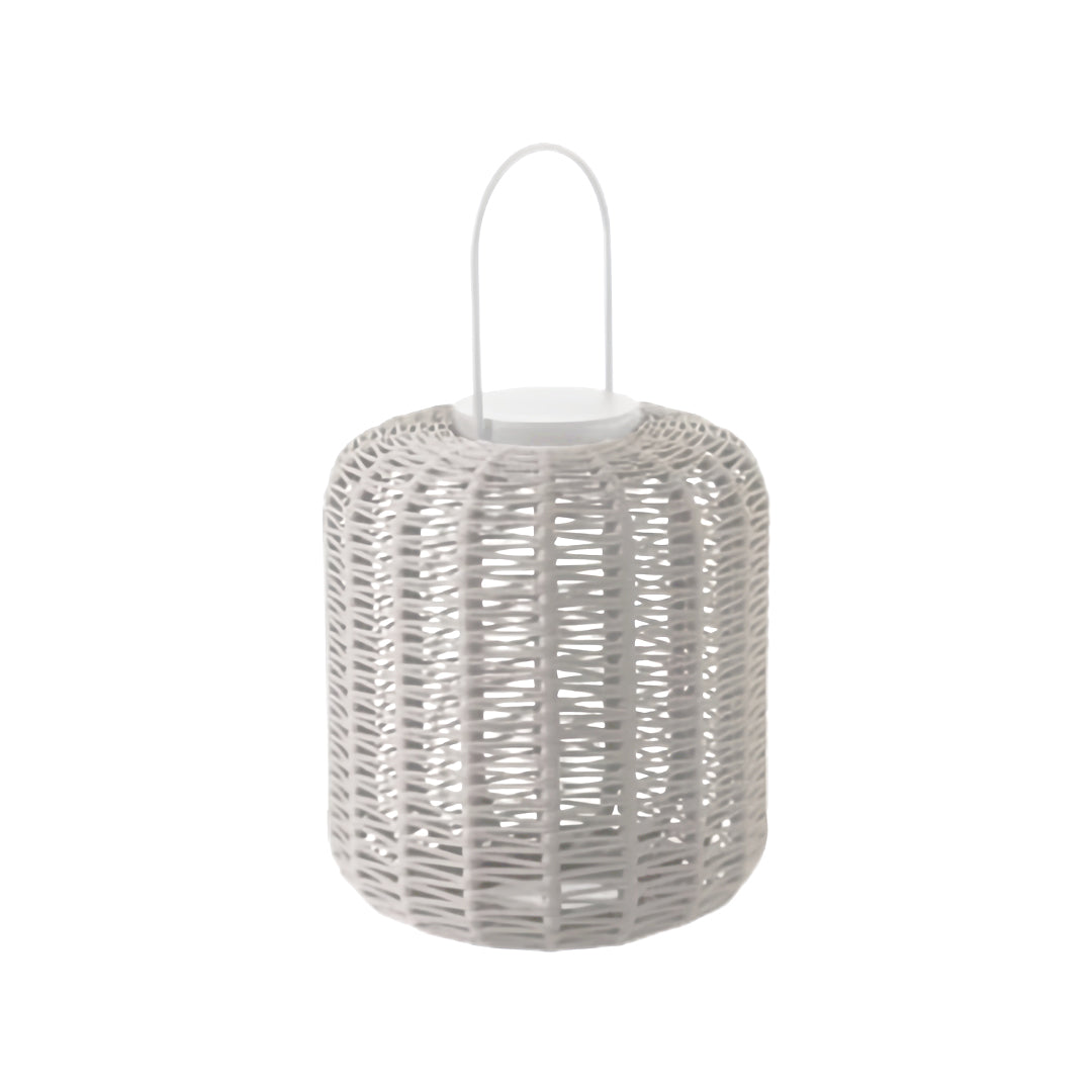 Accent outdoor LED lantern with a round, wicker-style body and carrying handle, offering portable mood lighting.
