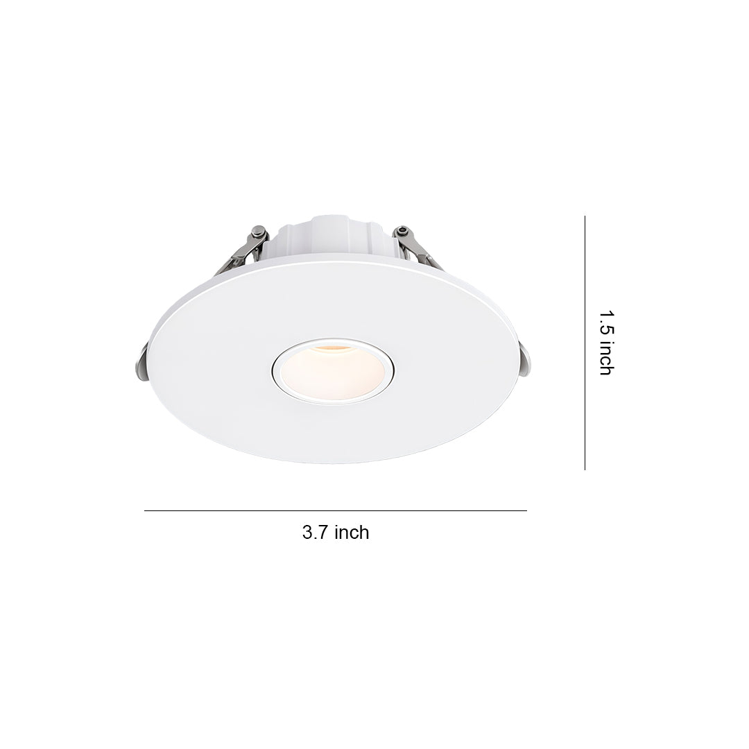Accent spotlight with white round housing and adjustable angle, shown with dimension measurements on white background
