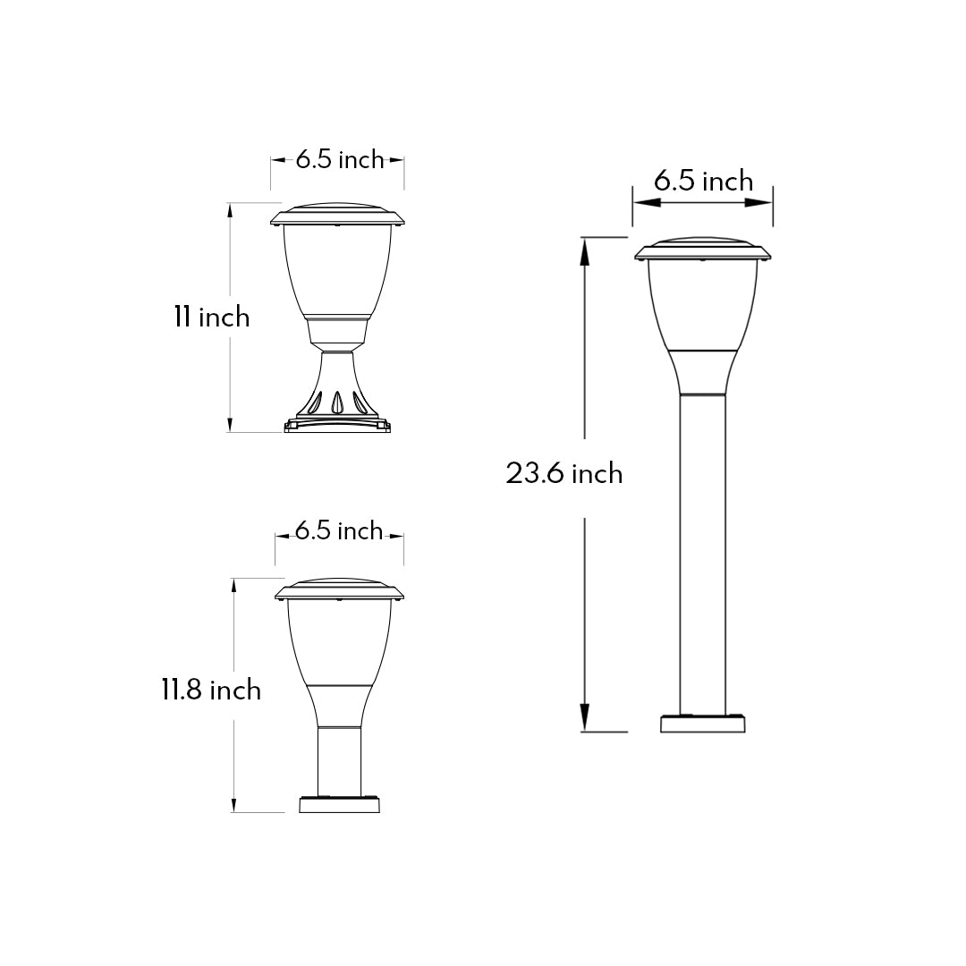 Technical specification drawing showing dimensions and assembly details for acorn-style outdoor light