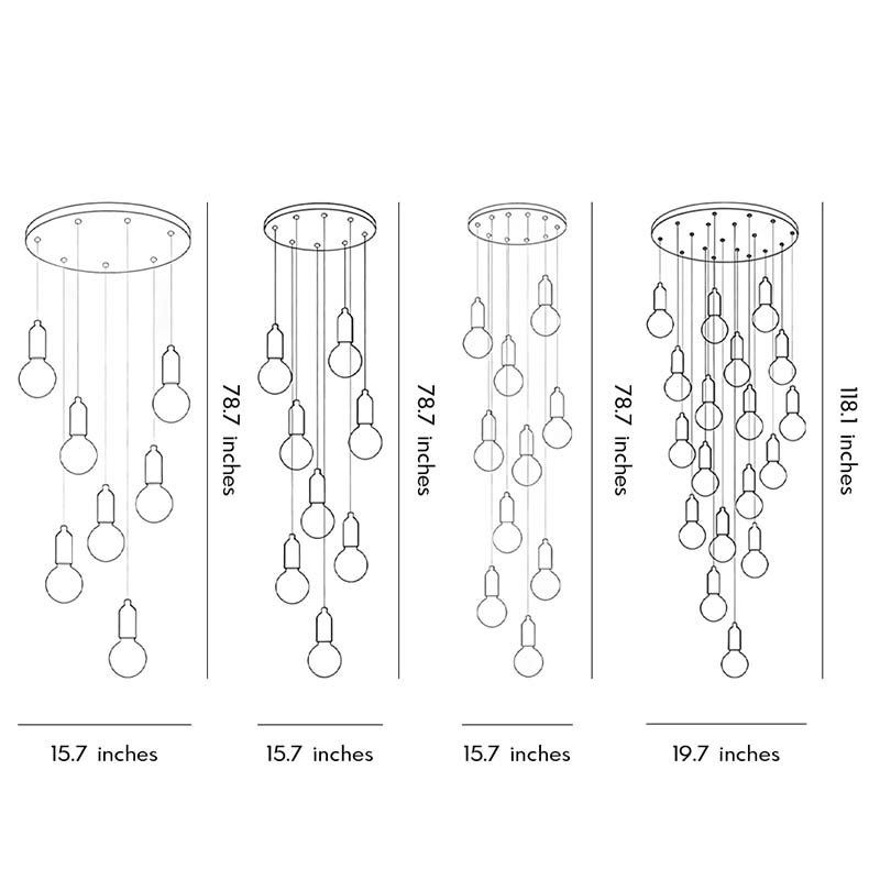 Comparison diagram of different acrylic bulb chandelier configurations.