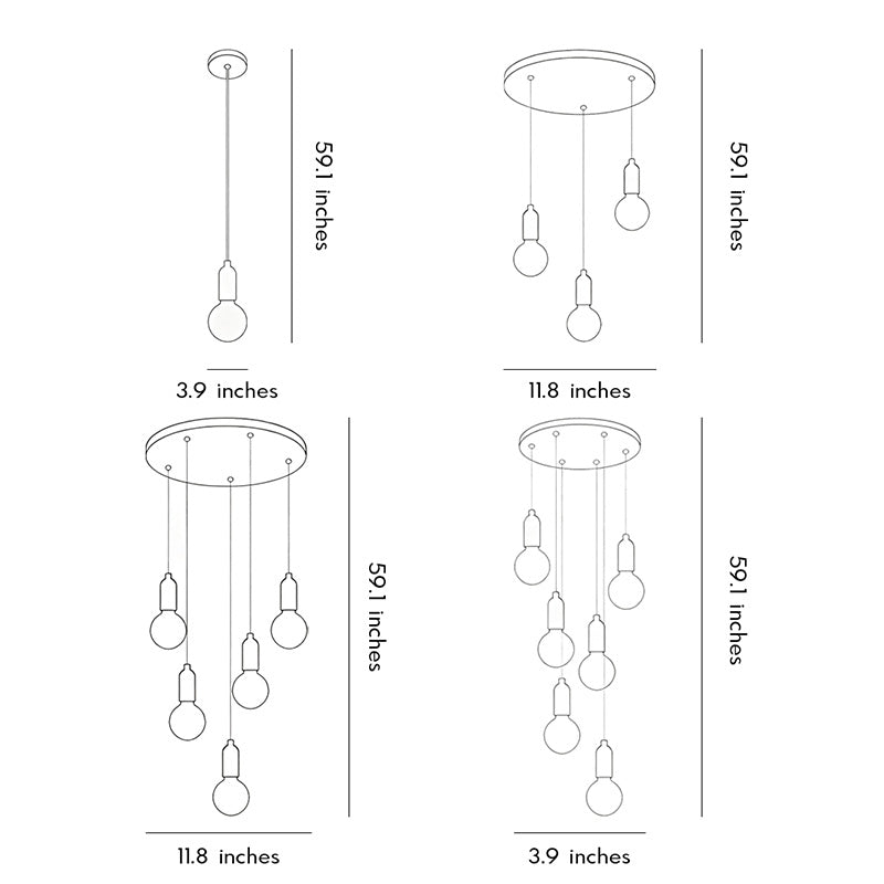 Technical dimension drawing showing acrylic bulb chandelier sizes.