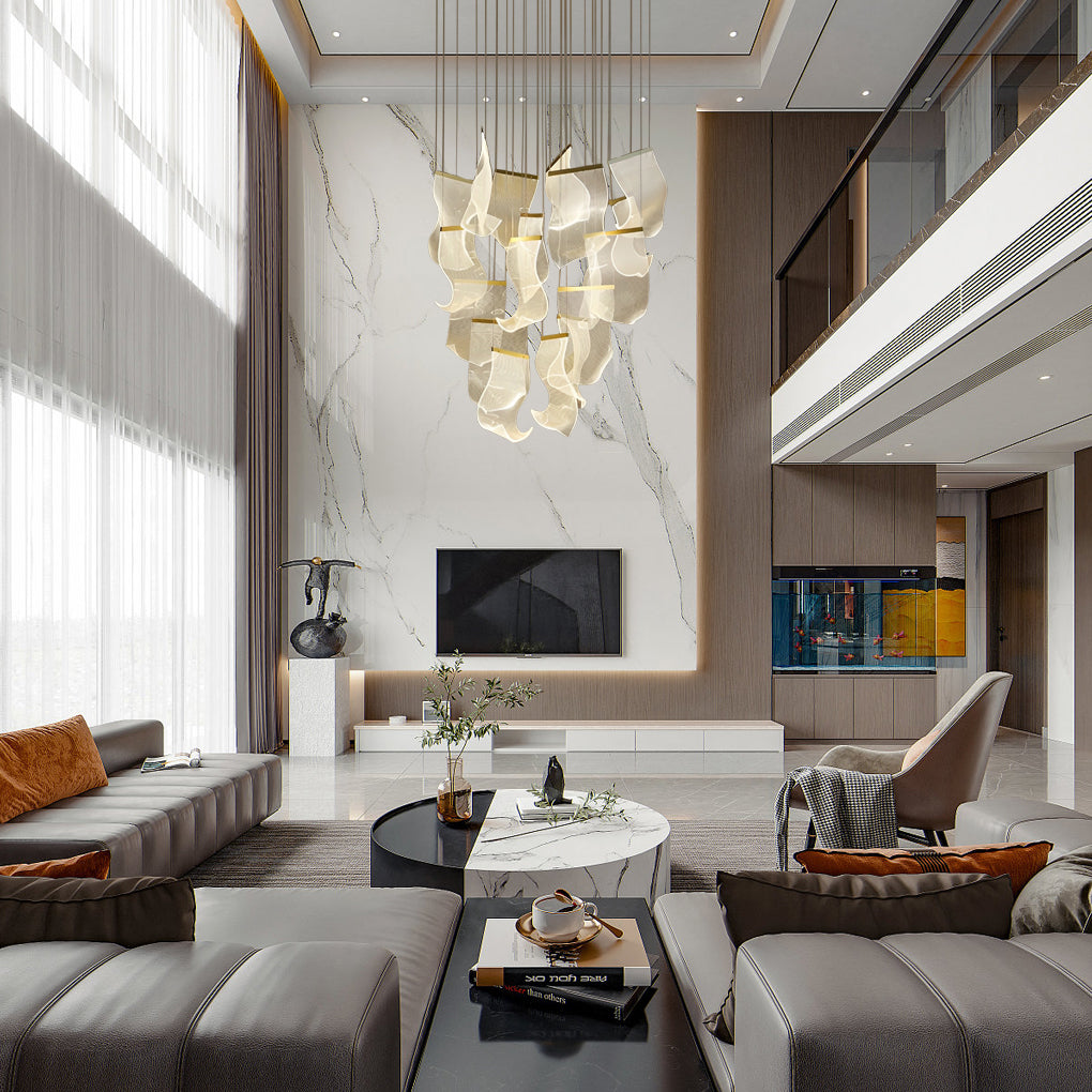 Acrylic chandeliers with a close-up of their intricate acrylic structure.