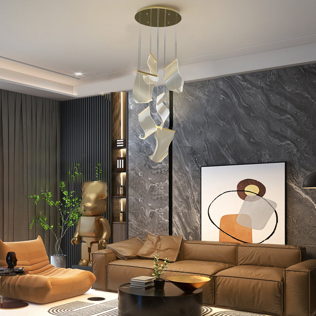 Acrylic chandeliers with a close-up of their unique acrylic petal design.