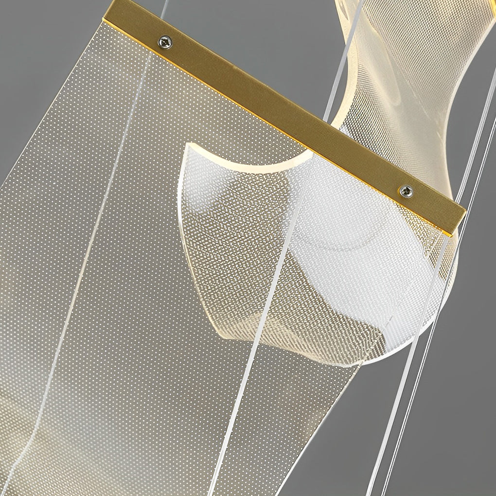 Acrylic chandeliers with a detailed view of their acrylic petals and gold accents.