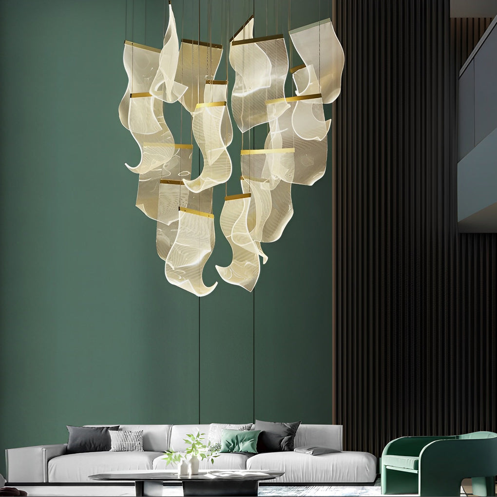 Acrylic chandeliers with a detailed view of their acrylic petals and metal frame.
