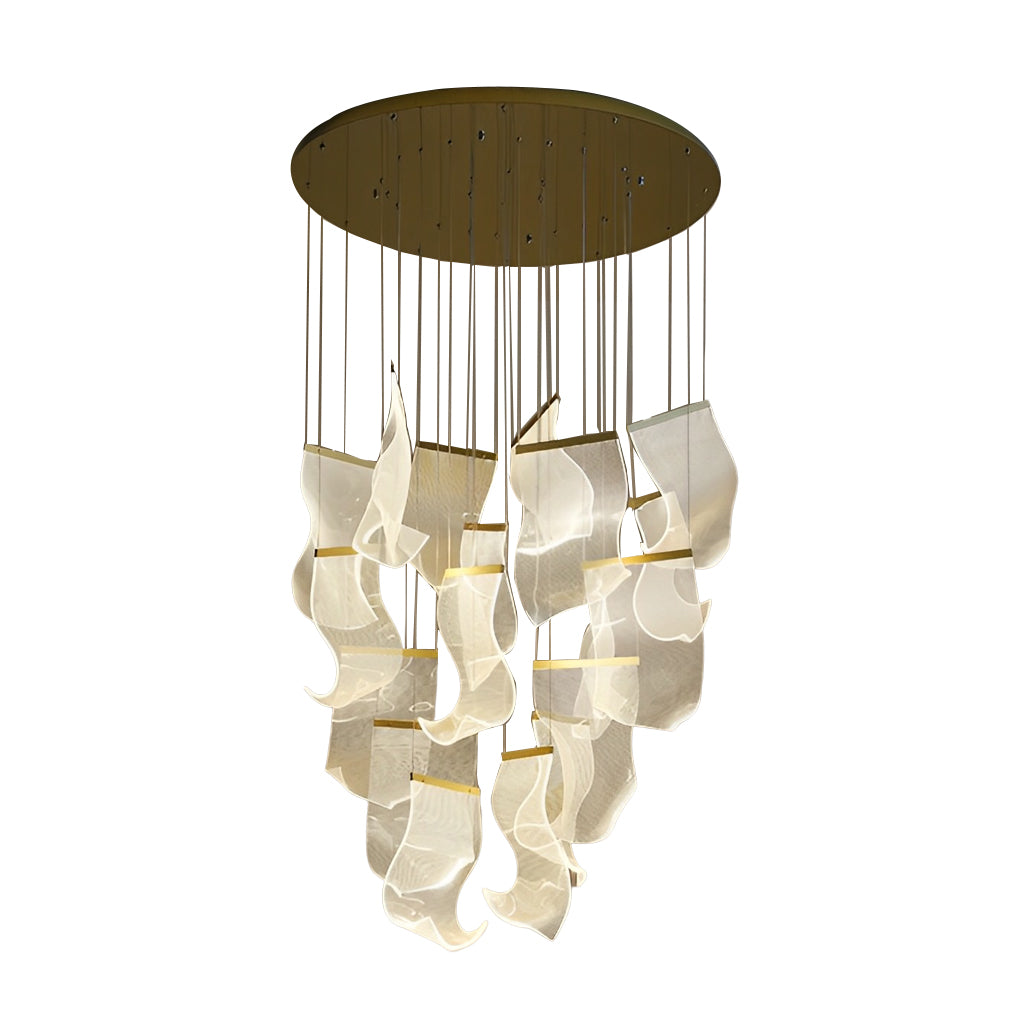 Acrylic chandeliers with a detailed view of their acrylic petals and structure.