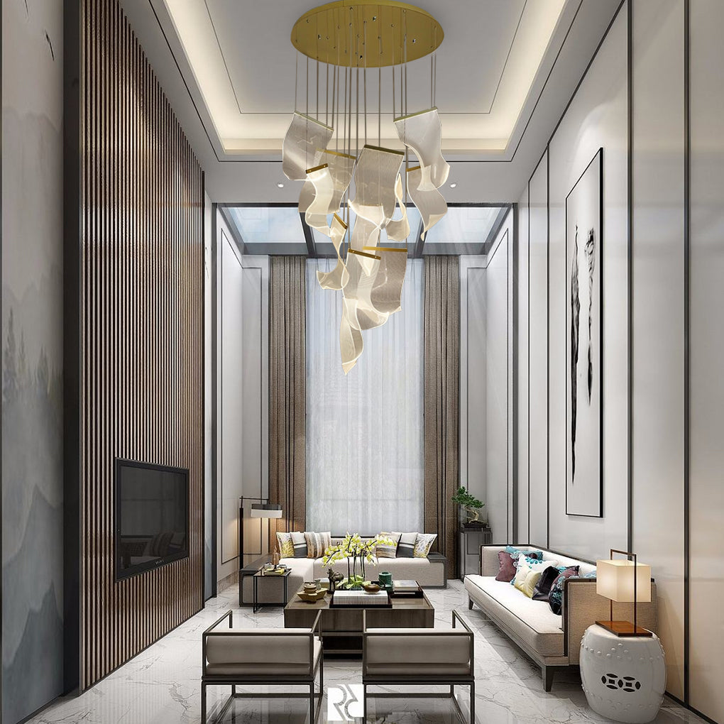 Acrylic chandeliers with a minimalist design, installed in a cozy living room.
