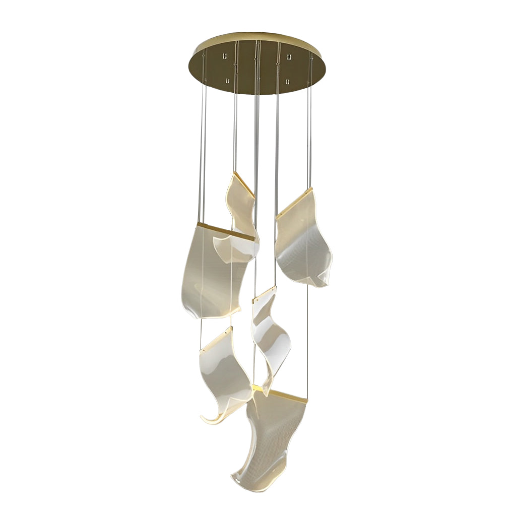 Acrylic chandeliers with a modern design, hanging above a grand piano.
