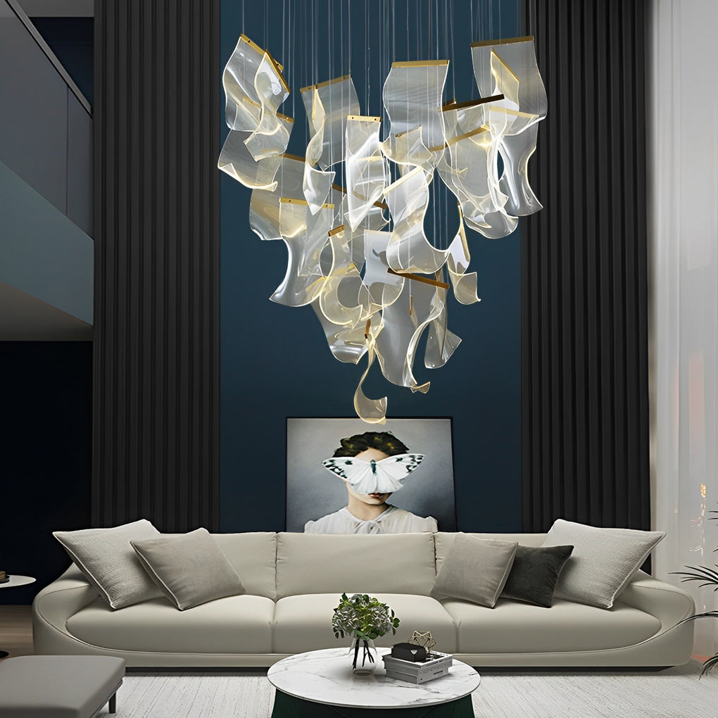 Acrylic chandeliers with a sleek design, installed in a modern hallway.