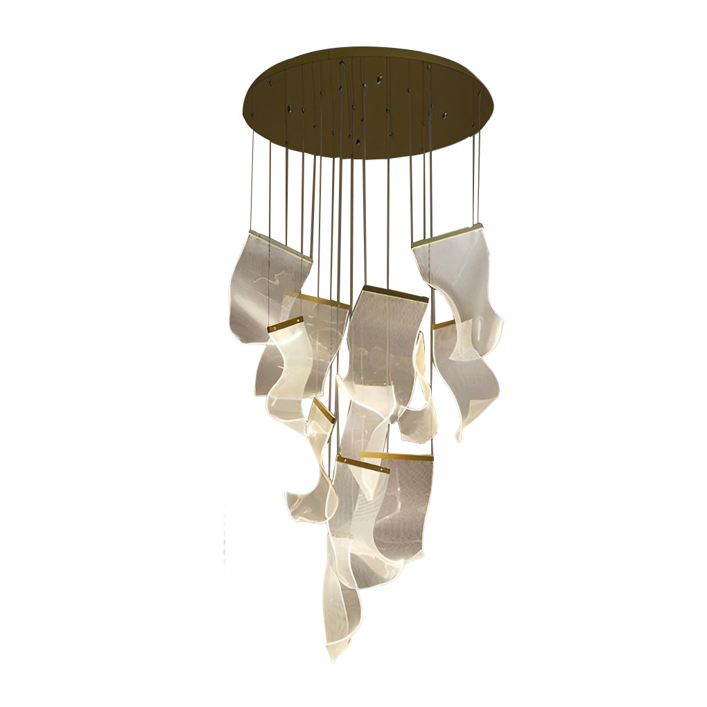 Acrylic chandeliers with a unique design, providing ambient lighting in a living room.