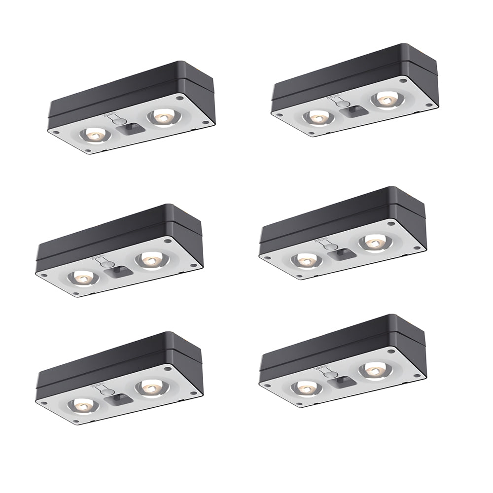 Six compact rectangular LED spotlights in black and white finishes with adjustable beam directions